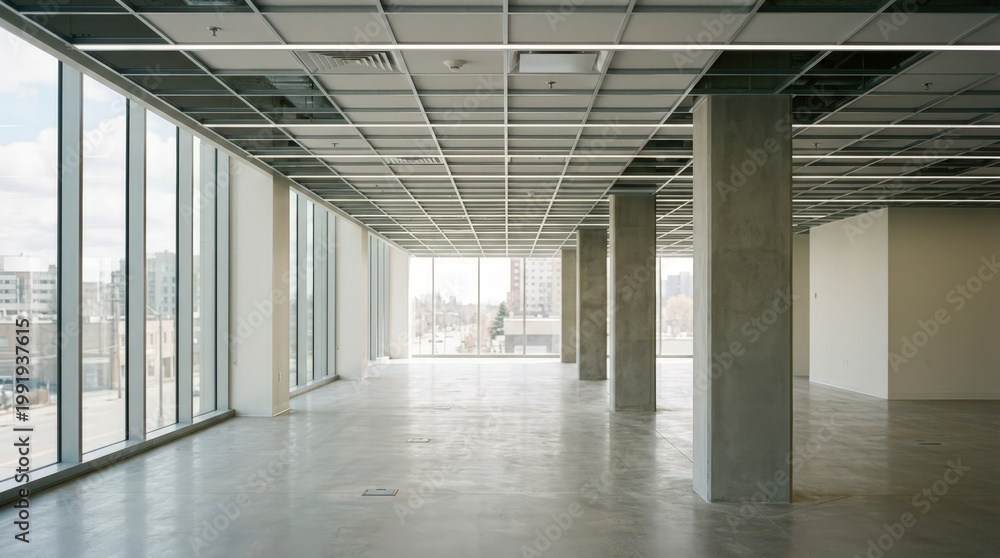 Obraz premium Finished vacant office floor plate captured in medium shot focusing on sleek columns and clear ceiling grid with softened window lines creating a modern commercial vibe.