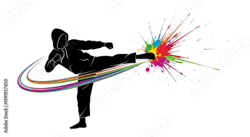 Silhouette of a person in a hoodie performing a powerful side kick with a vibrant rainbow paint splash and colorful arc trail.