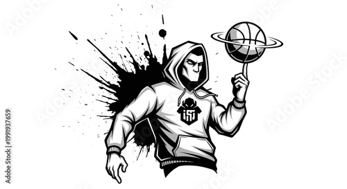 Black and white graphic illustration of a hooded figure spinning a basketball with a Saturn-like ring on his finger, set against a grunge ink splash.
