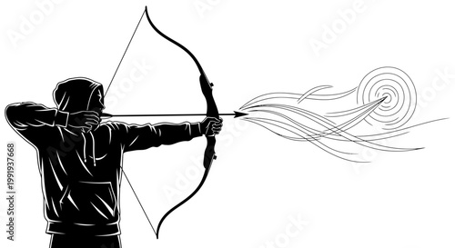 Black and white illustration of an archer in a hoodie shooting an arrow with a fiery trail towards a target.