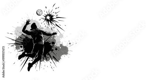 Dynamic black and white silhouette of a volleyball player spiking the ball with energetic grunge splatters, capturing intense athletic action.