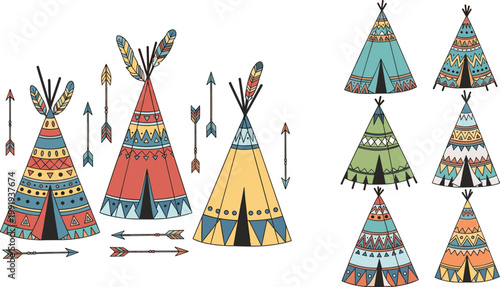Native American Teepee Collection Featuring Colorful Tribal Tent Designs with Arrows and Decorative Patterns in Ethnic Boho Style for Cultural Illustration Design.