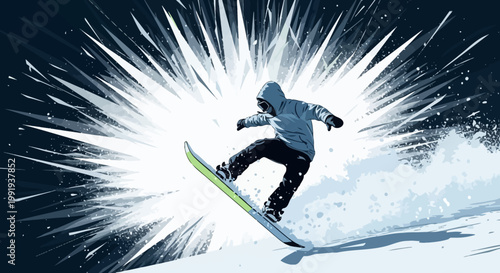 Dynamic illustration of a snowboarder performing a trick on a snowy slope with a bright, explosive light effect behind them.