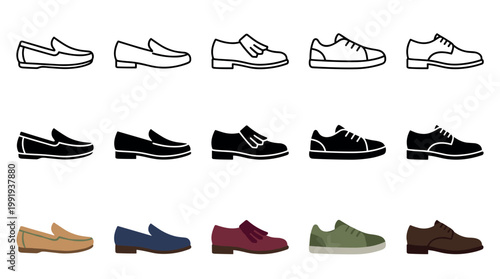 Shoes footwear icons collection set featuring various styles and designs including loafers, sneakers, and dress shoes in outline, solid, and colored versions.