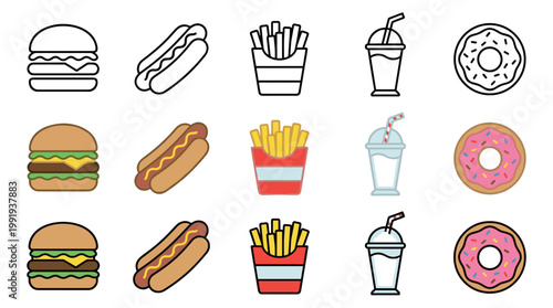 Fast food icons collection featuring popular items like hamburgers, hot dogs, french fries, milkshakes, and donuts presented in different artistic styles.