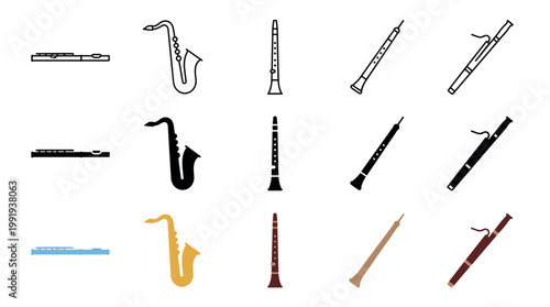 Woodwind musical instruments collection featuring various types and styles, including flutes, saxophones, clarinets, oboes, and bassoons, presented as icons in different colors and outlines.