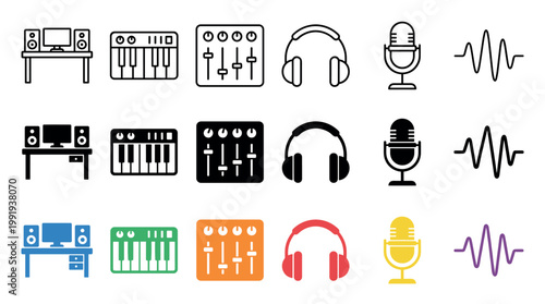Music production audio sound studio equipment icons collection presented in outline, solid, and colorful styles for creative design.