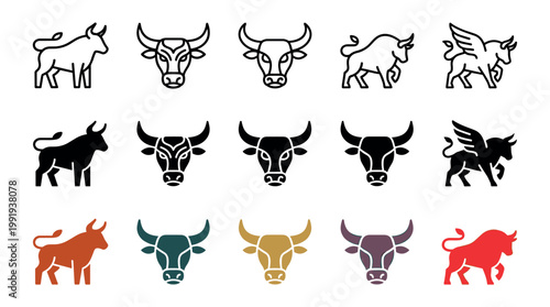 Collection of bull and ox icons in various styles including line art, solid fill, and colored silhouettes, representing strength, zodiac, and mythical creatures.