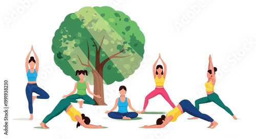 Yoga, people practicing yoga, outdoor yoga, tree, green