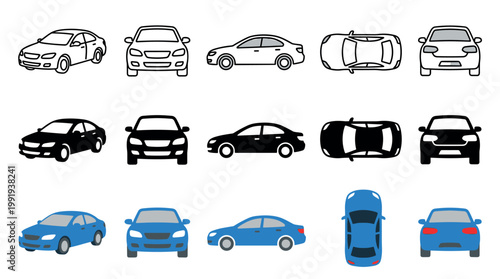 Various cars and vehicles presented in different styles and perspectives, including outline, silhouette, and colored illustrations, showcasing multiple angles like front, side, top, and rear views.