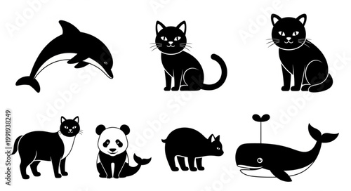 Collection of Silhouetted Animals Including Dolphin Cat Panda and Whale.