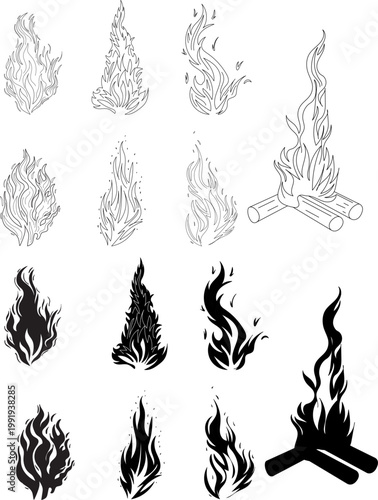 Silhouette of a burning bonfire, fire, set, vector