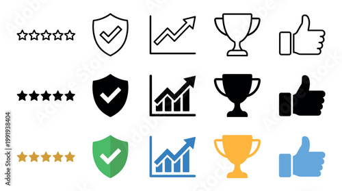 Business success and achievement concept icons collection featuring stars, shields, graphs, trophies, and thumbs up symbols in various styles.