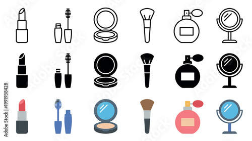 Makeup and beauty icons collection featuring various cosmetic products and tools, including lipstick, mascara, powder, brushes, perfume, and mirrors, presented in outline, solid, and color styles.