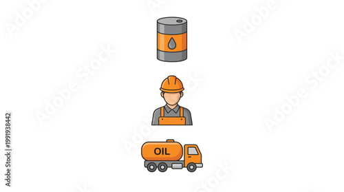 Vector graphic illustration of Oil industry icons set, worker, truck, barrel, flat style, orange Vector