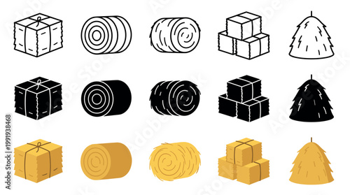 Hay and straw bales, stacks, and piles are illustrated as a diverse collection of farm icons, showcasing different styles and forms.