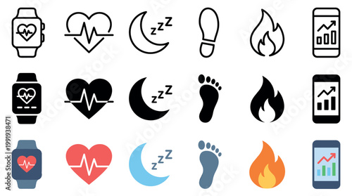Health and fitness tracking icons for digital wellness apps, smart devices, and mobile interfaces, illustrating various aspects of personal well-being.