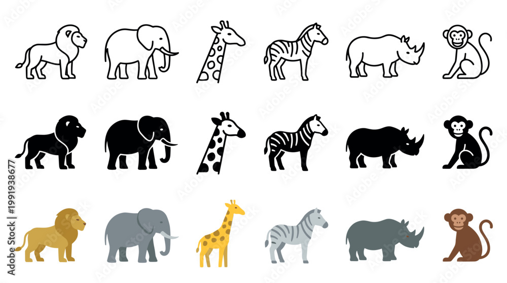 Obraz premium Safari animals icons set featuring various wildlife illustrations including lions, elephants, giraffes, zebras, rhinos, and monkeys in outline, silhouette, and flat color styles.