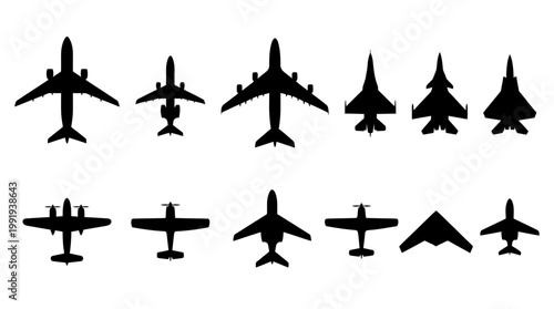 Collection of black airplane silhouettes featuring commercial jets, fighters, and small aircraft on a white background for design, branding, and educational use.
