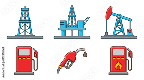 Vector graphic illustration of Oil and Gas Station Icons Set, Vector EPS, Industrial Fuel Symbols Vector