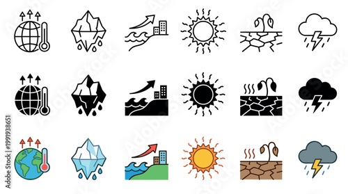 Climate change icons set illustrating global warming, melting glaciers, rising sea levels, scorching sun, drought, and severe weather conditions.