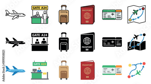 Air travel icons set representing various airport elements and journey stages, including airplanes, gate counters, luggage, passports, tickets, and flight routes.