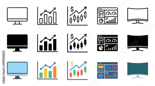Business and finance icons showcasing data visualization and technology elements in various styles for digital design and analytical concepts.