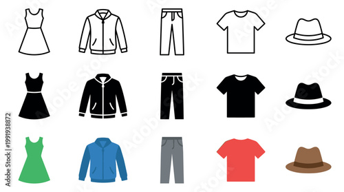Clothing items, accessories, and garments presented in a collection of outline, solid black, and colored flat design icons for fashion and apparel concepts.