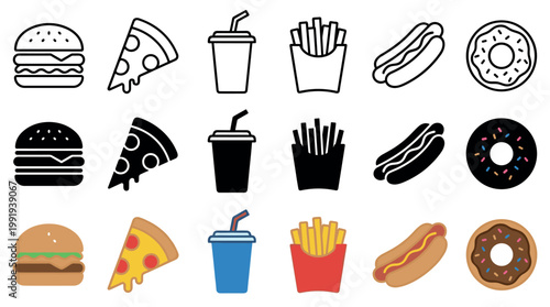 Fast food icons collection featuring popular snacks and drinks in various styles, including outline, solid, and colorful illustrations.