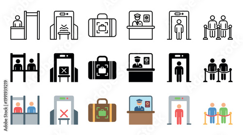 Airport security travel checkpoint icons and symbols collection representing various stages of passenger and luggage screening processes at an international terminal.