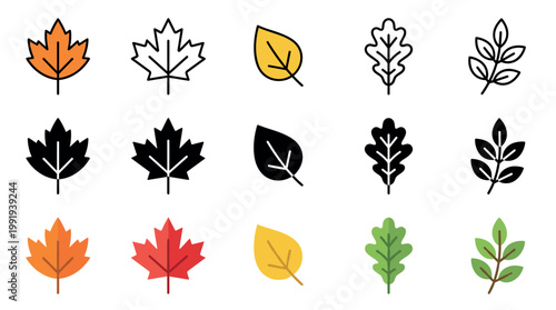 Various autumn and spring leaf icons in different styles and colors representing nature, seasonal changes, and environmental themes for design projects.