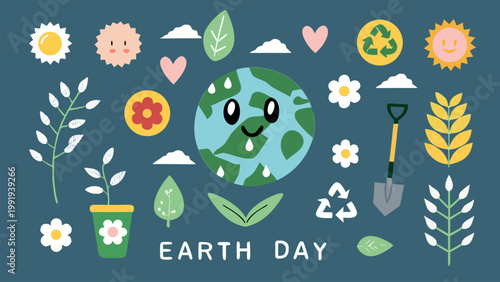Smiling earth day illustration with flowers leaves and eco friendly symbols on blue background