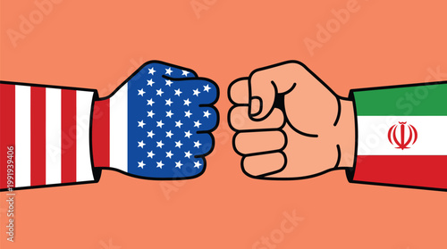 Vector graphic illustration of USA vs Iran conflict, fists with national flags, politics and international relations concept, vector illustration Vector