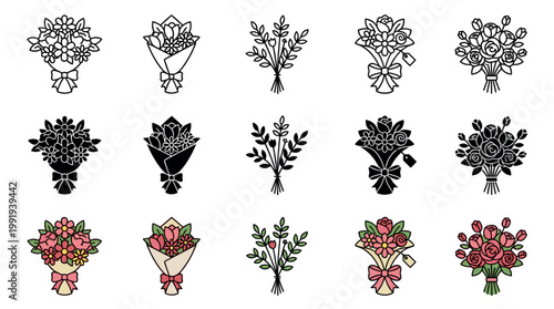 Floral bouquet icons set showcasing diverse flower arrangements in outline, solid, and colored styles for decorative purposes and special occasions.