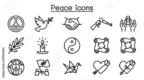 Vector graphic illustration of Peace icons set, line style black vector symbols, peace signs and objects for social media, web design Vector