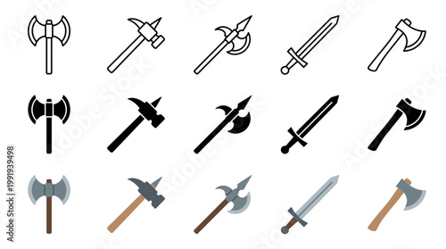Medieval weapons icons set featuring various historical and fantasy armaments like axes, swords, and halberds in outline, solid, and colored flat design styles.