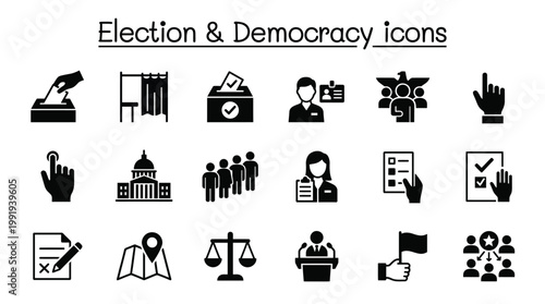 Vector graphic illustration of Elections and Democracy Icons Set, Black Vector Graphics, Political Symbols Vector