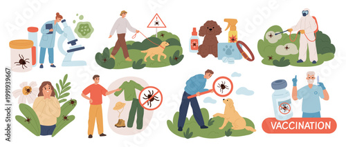 Ticks insects. Bite danger, infection with encephalitis, borreliosis, people in nature, protective measures, vaccination, public health and veterinary safety garish vector cartoon flat set