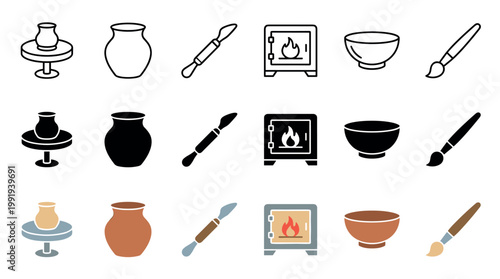 Pottery making tools and ceramic items icon set illustrating the artistic process of crafting clay into beautiful handmade objects.