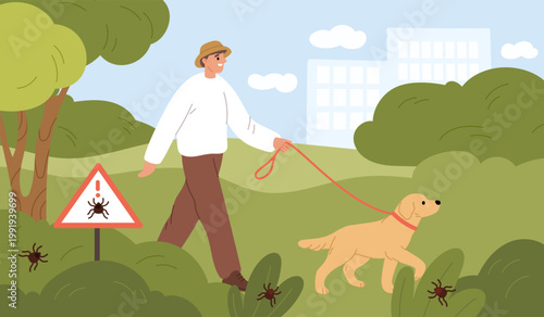 Ticks danger outdoor people. Guy walks in park with dog, dangerous insects in grass, warning sign, diseases carriers, prevention arachnid bite poster, garish vector cartoon isolated concept