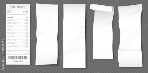 Realistic paper shop bill mockup. Long supermarket financial receipt, supermarket, mall cash check, empty payment document, purchase documentation, retail transactions, qualitative vector set