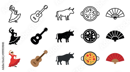 Spanish culture traditional elements set featuring a flamenco dancer, classical guitar, bull, paella pan, and folding fan in different styles.