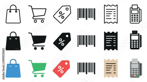 Shopping and retail icons representing e-commerce transactions, sales, discounts, and payment methods in various styles and colors for modern business concepts.