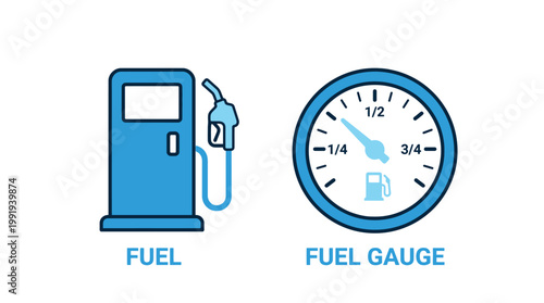 Vector graphic illustration of Fuel Pump and Gauge Icons, Blue Vector Illustration, Gas Station Symbol, Fuel Level Indicator Vector