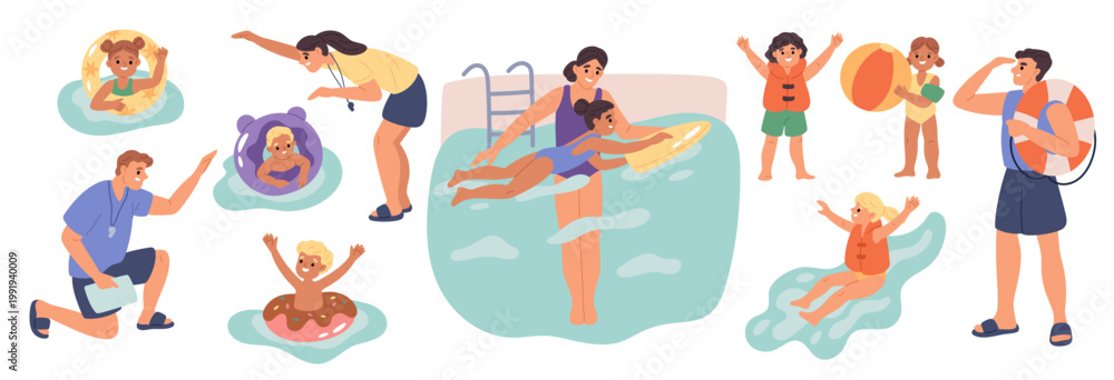Obraz premium Pool safety children. Adults and kids, swim learning, trainers and rescuers, water sports, inflatable rings, life jackets, safety training, swimming lessons, garish vector cartoon flat set