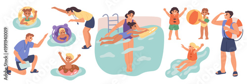 Pool safety children. Adults and kids, swim learning, trainers and rescuers, water sports, inflatable rings, life jackets, safety training, swimming lessons, garish vector cartoon flat set
