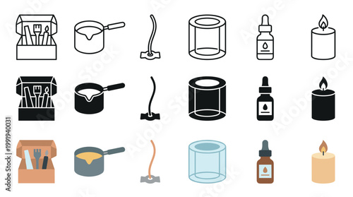 Candle making supplies and crafting process icons illustrating the steps from tools to a finished lit candle, perfect for DIY projects and hobby content.