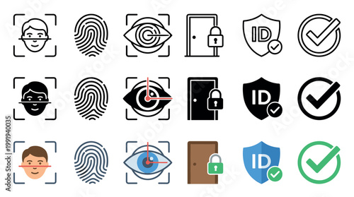 Security authentication identification biometric access control icons representing modern digital verification methods for personal data protection and system access.