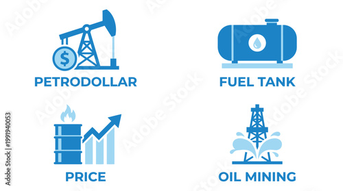 Vector graphic illustration of Petrodollar fuel tank price oil mining icons set, blue vector illustration, business finance energy concept Vector