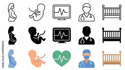 Pregnancy and birth medical care icons set featuring pregnant woman, fetus, heartbeat monitor, doctor, and baby crib in various styles.